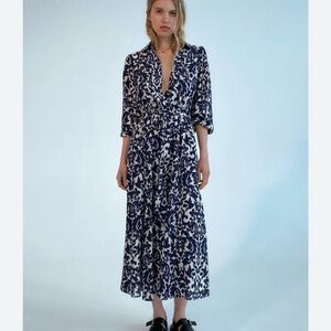 Zara Elegant Navy and White Patterned Dress